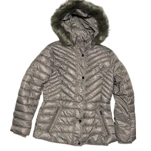 KENNETH COLE NEW YORK  PUFFER COAT WOMEN FUR-TRIM DOWN HOODED GRAY COLOR SIZE M
