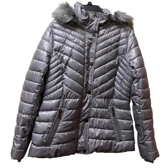 KENNETH COLE NEW YORK  PUFFER COAT WOMEN FUR-TRIM DOWN HOODED GRAY COLOR SIZE M