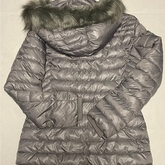 KENNETH COLE NEW YORK  PUFFER COAT WOMEN FUR-TRIM DOWN HOODED GRAY COLOR SIZE M