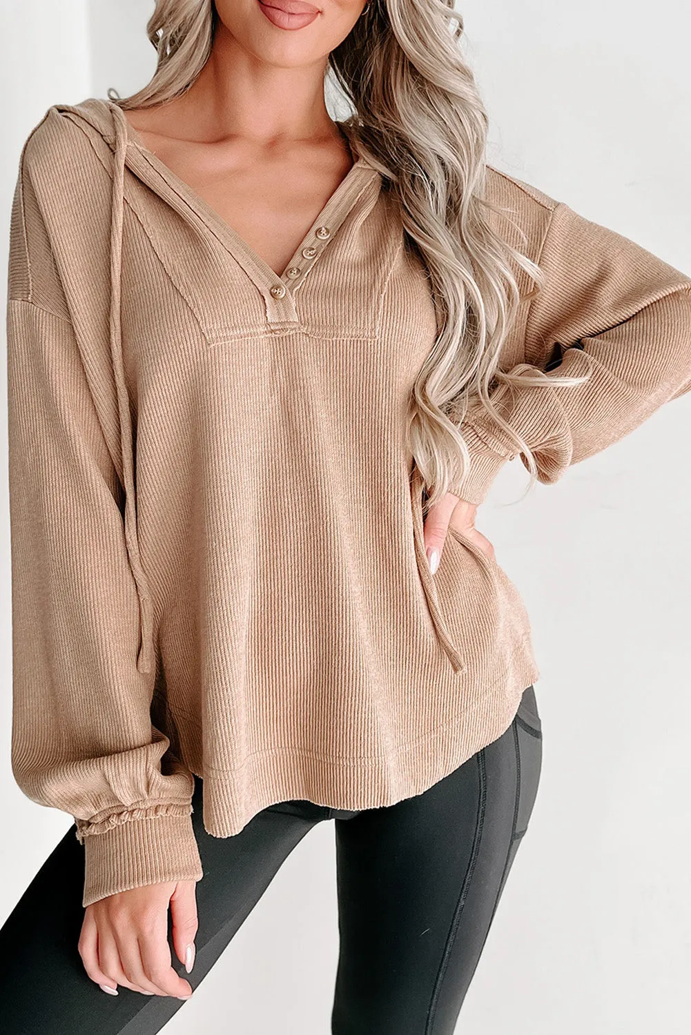 Khaki Buttoned V Neck Drawstring Knit Hoodie