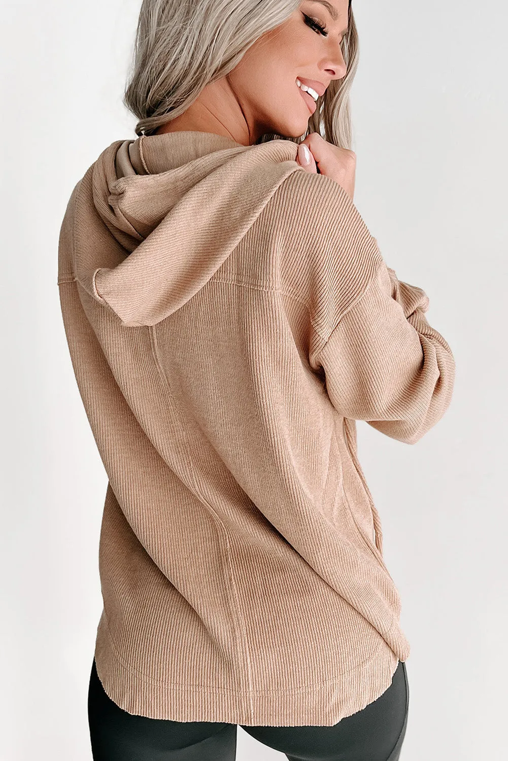 Khaki Buttoned V Neck Drawstring Knit Hoodie