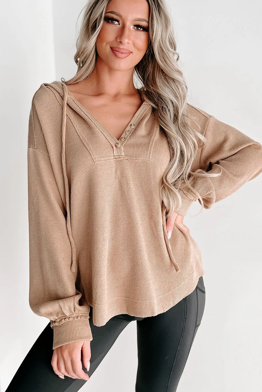 Khaki Buttoned V Neck Drawstring Knit Hoodie