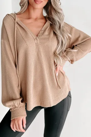 Khaki Buttoned V Neck Drawstring Knit Hoodie