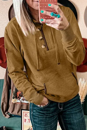 Khaki Drawstring Kangaroo Pocket Henley Hoodie