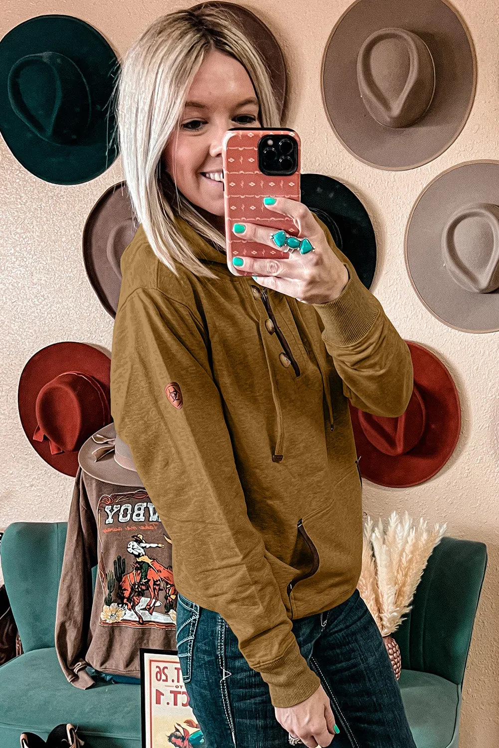 Khaki Drawstring Kangaroo Pocket Henley Hoodie