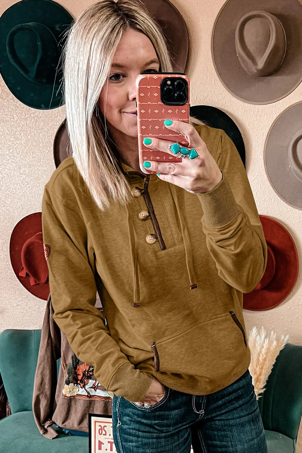 Khaki Drawstring Kangaroo Pocket Henley Hoodie