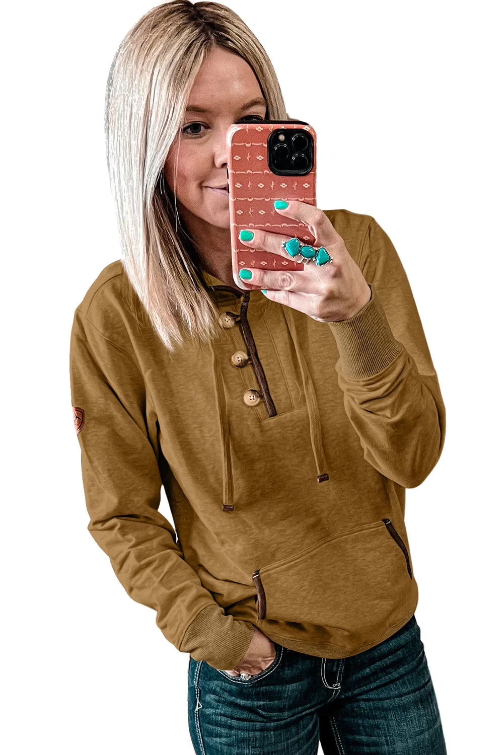 Khaki Drawstring Kangaroo Pocket Henley Hoodie