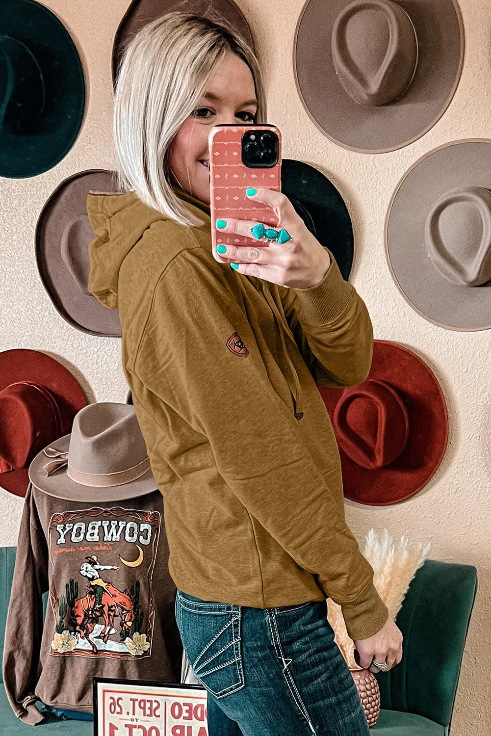Khaki Drawstring Kangaroo Pocket Henley Hoodie