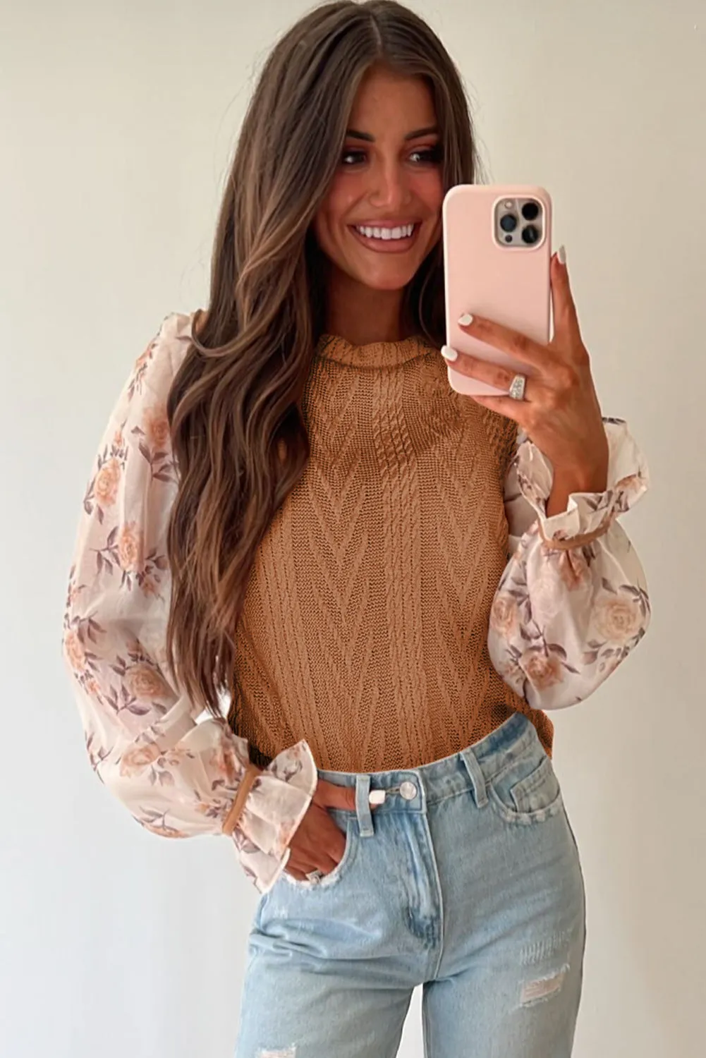 Khaki Floral Sleeve Patched Textured Knit Ruffled Blouse