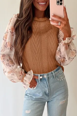 Khaki Floral Sleeve Patched Textured Knit Ruffled Blouse