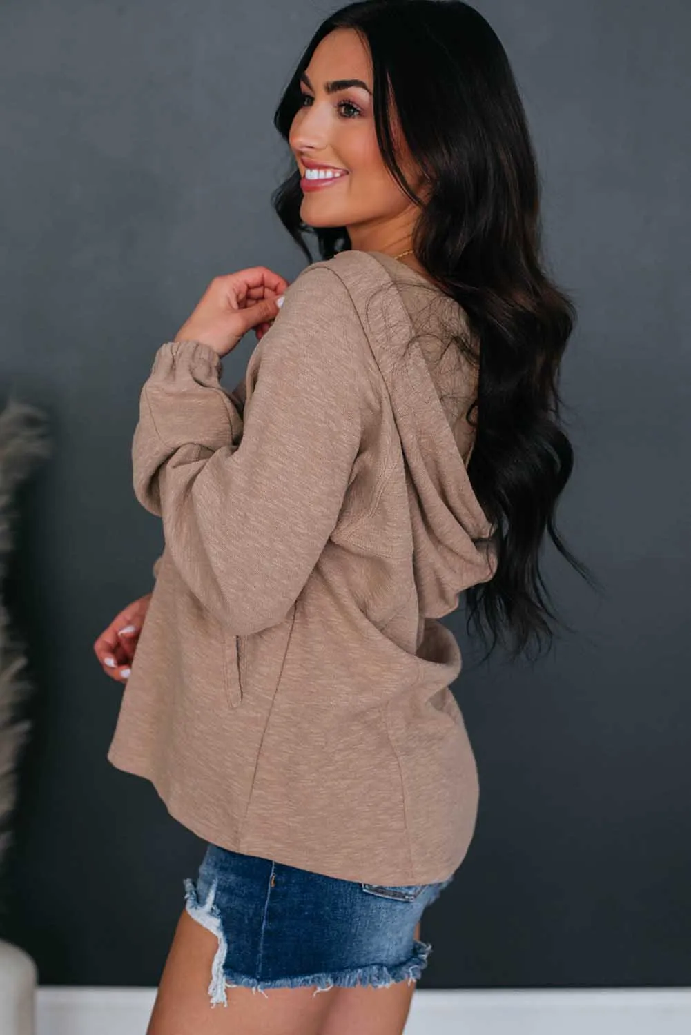 Khaki Split V Neck Drawstring Hoodie with Pockets
