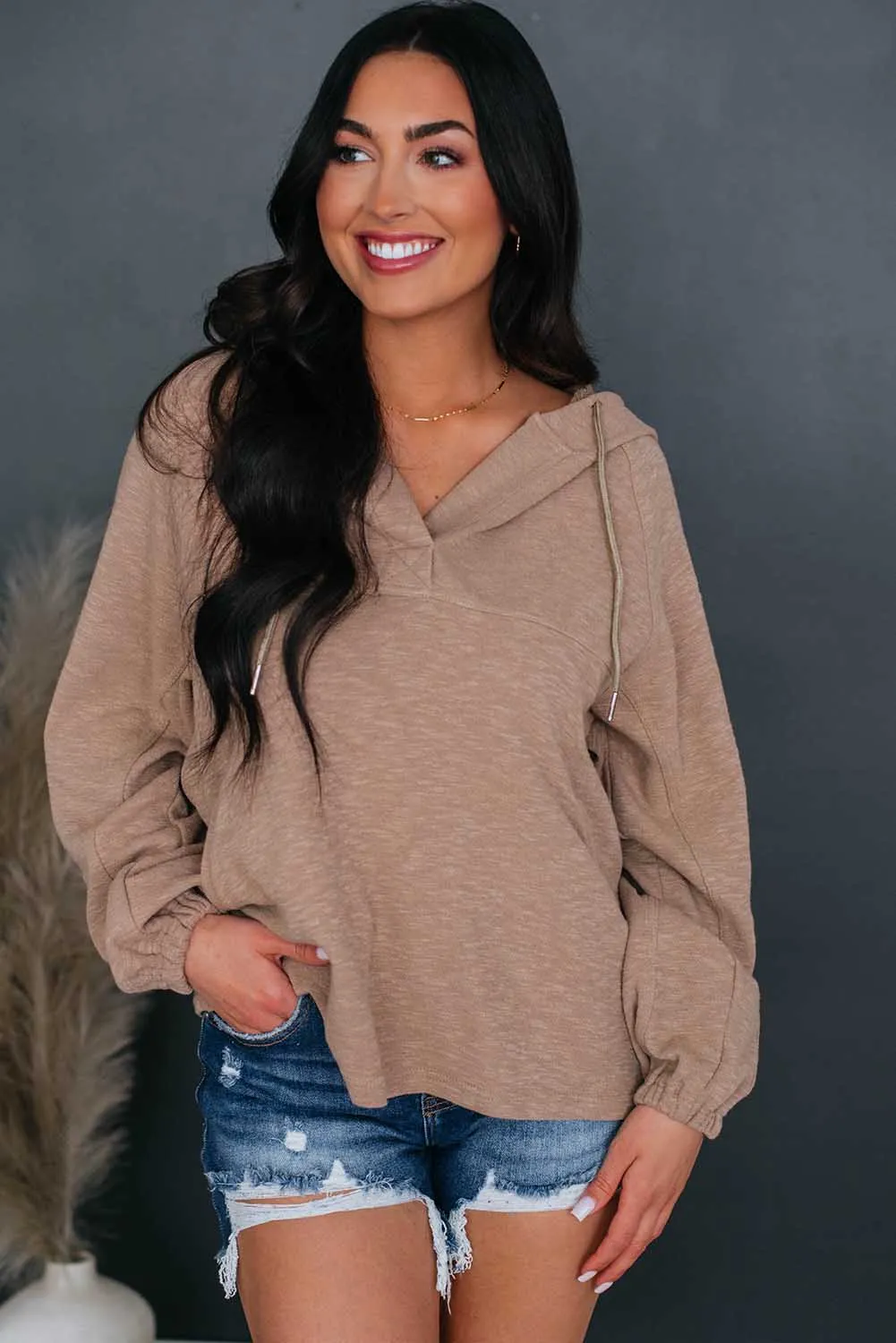 Khaki Split V Neck Drawstring Hoodie with Pockets
