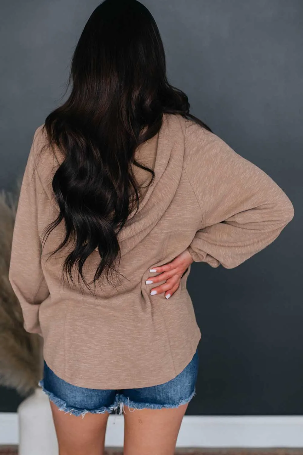 Khaki Split V Neck Drawstring Hoodie with Pockets