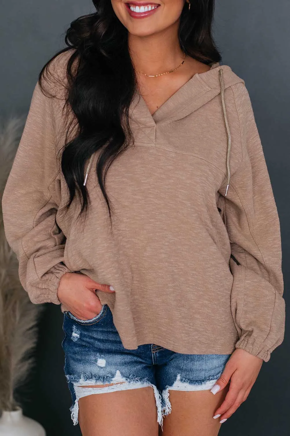 Khaki Split V Neck Drawstring Hoodie with Pockets