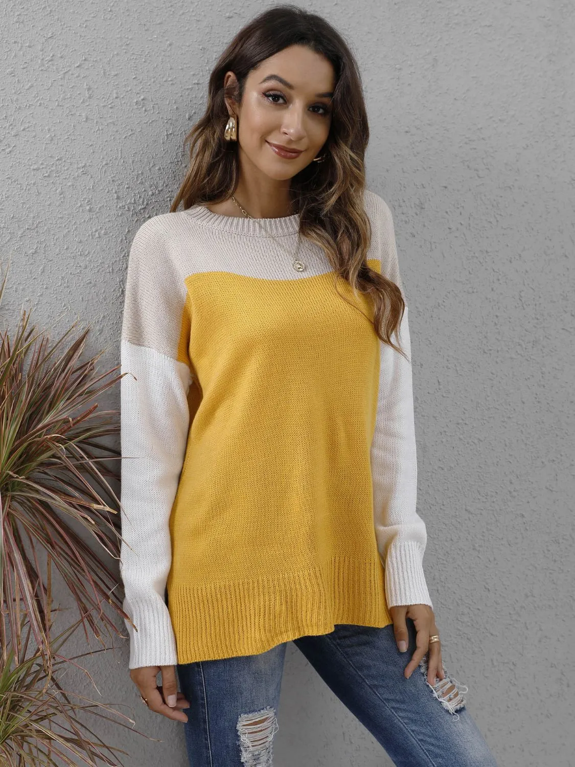 KHD Color Block Round Neck Dropped Shoulder Sweater (3 Colors)