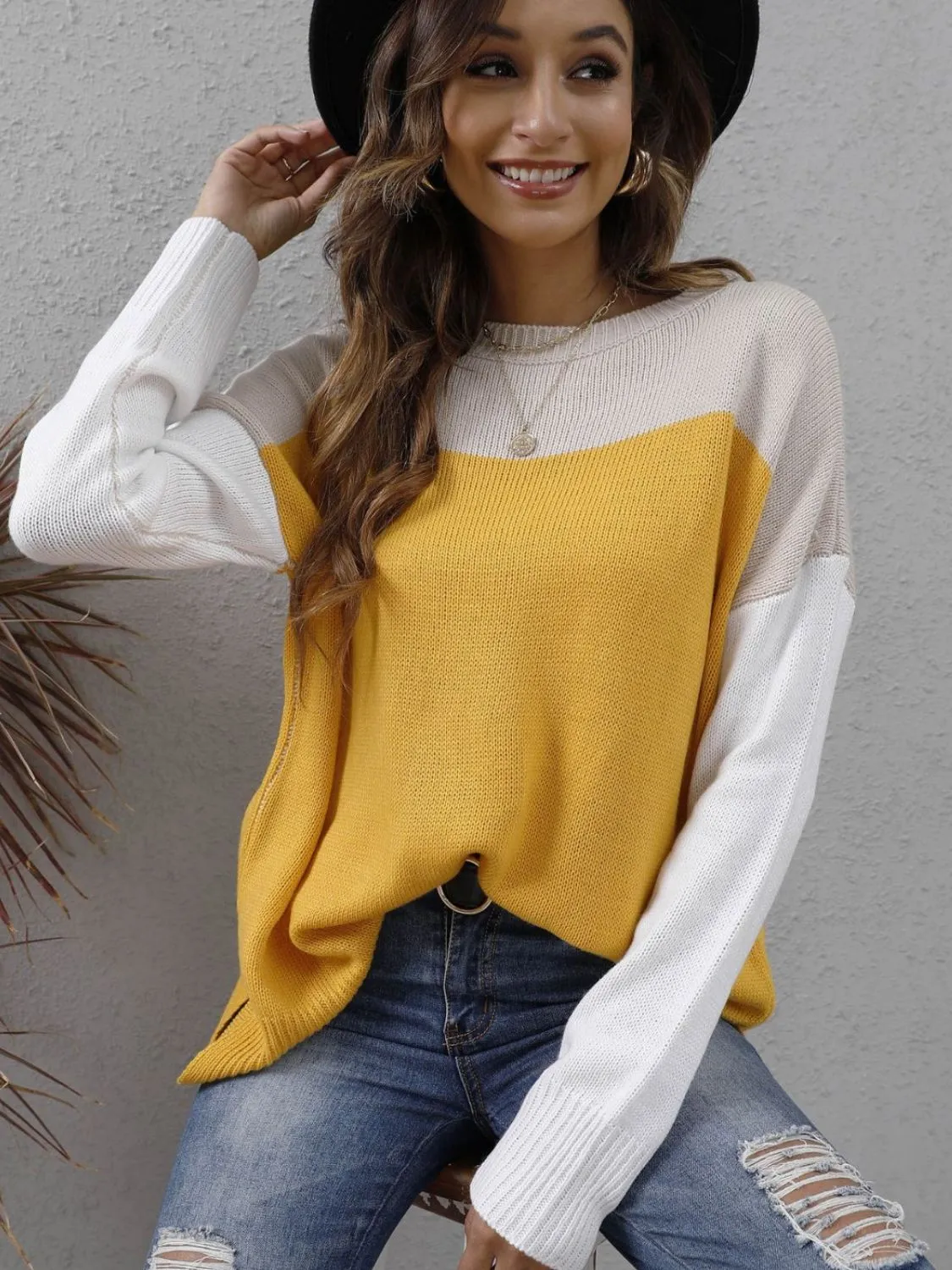 KHD Color Block Round Neck Dropped Shoulder Sweater (3 Colors)
