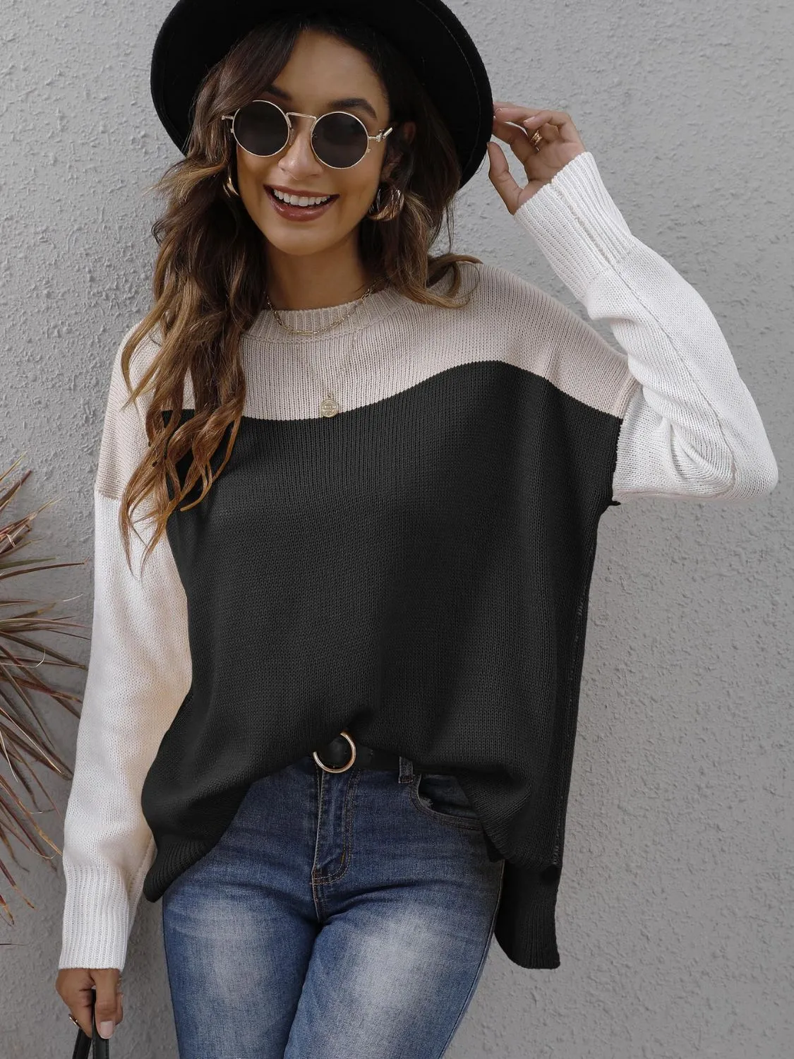 KHD Color Block Round Neck Dropped Shoulder Sweater (3 Colors)