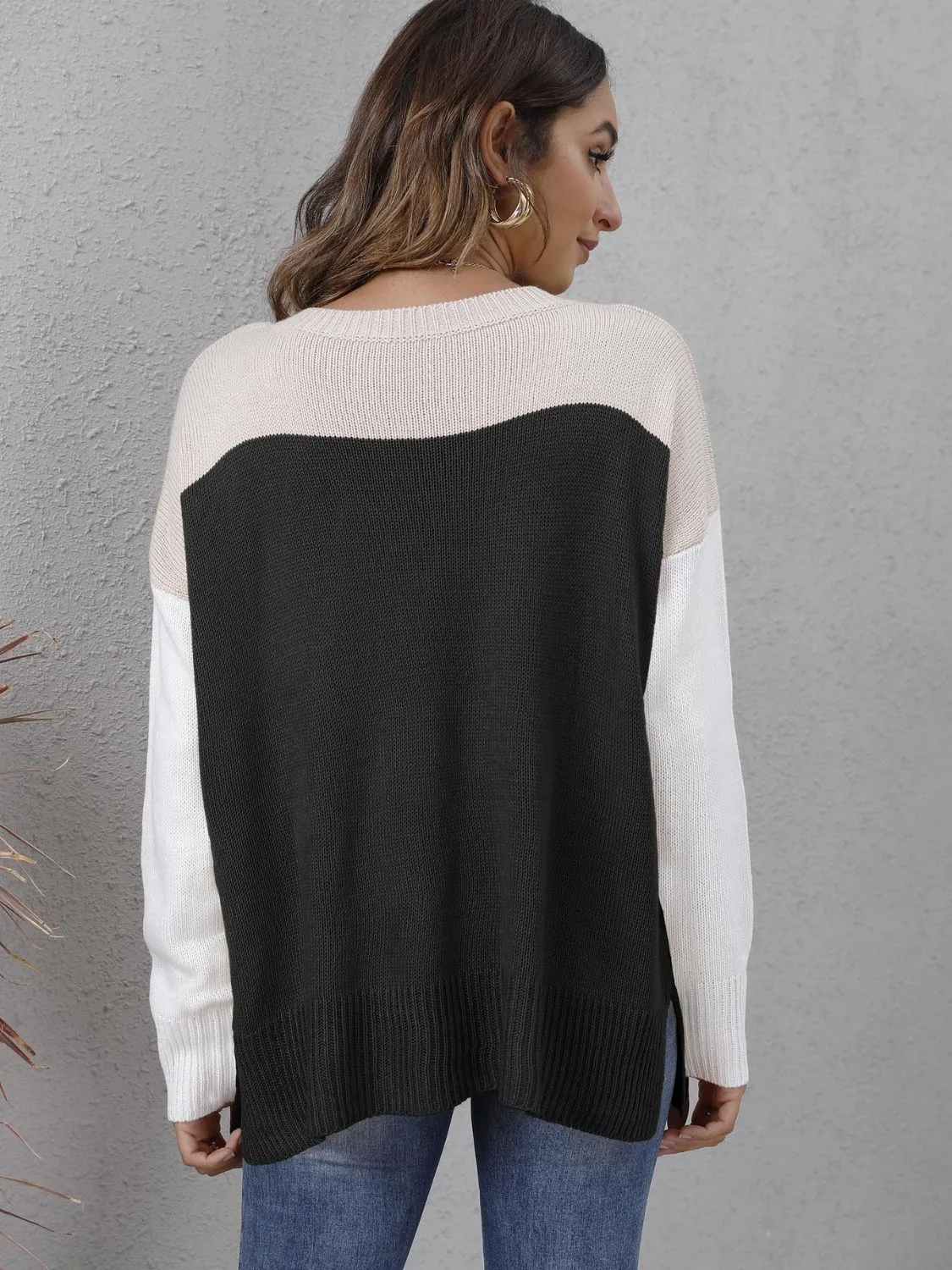 KHD Color Block Round Neck Dropped Shoulder Sweater (3 Colors)