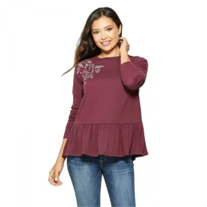 Knox Rose Women's Long Sleeve Floral Shoulder Embroidery Peplum Top