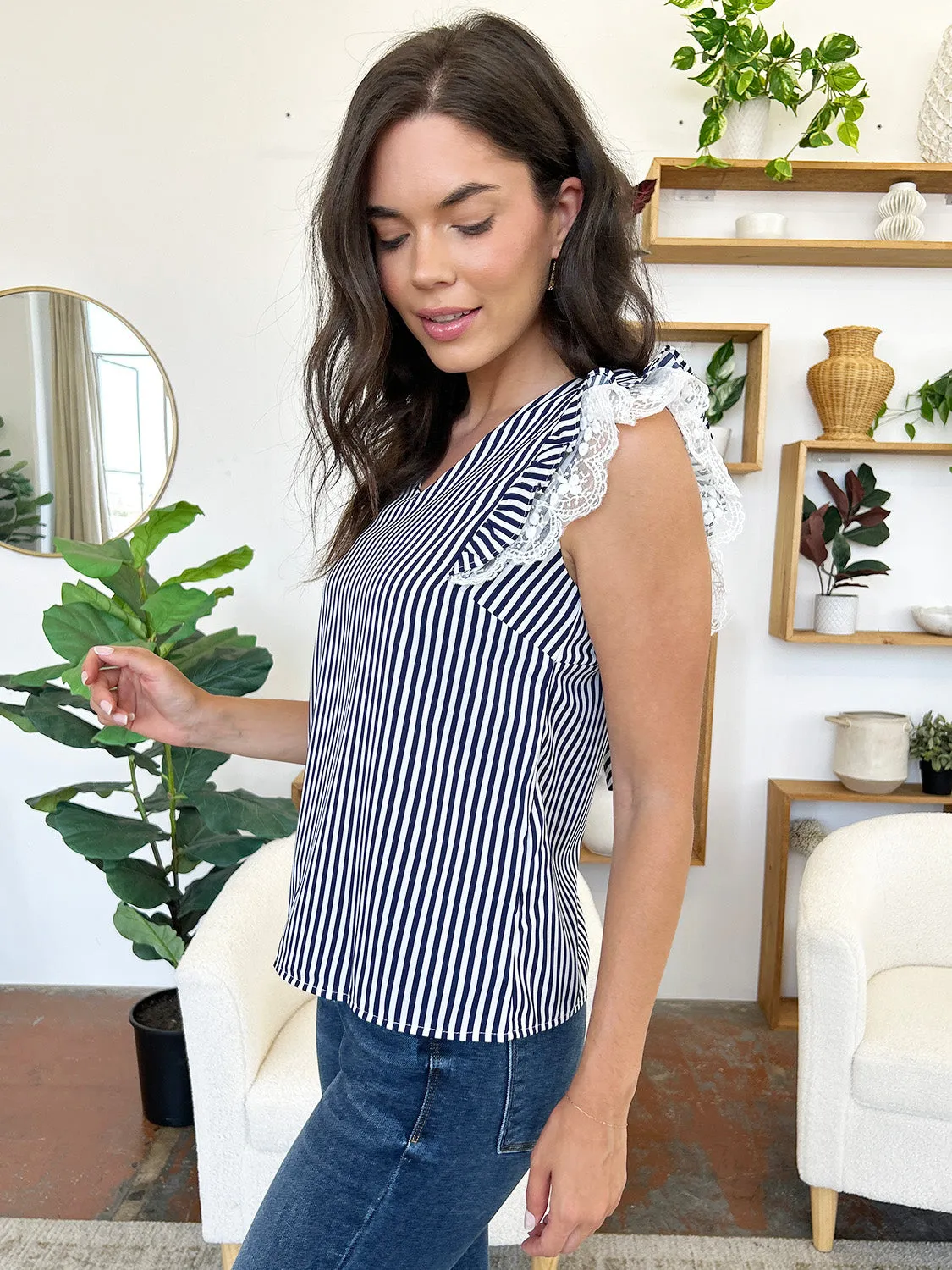 Lace Detail Ruffled Striped V-Neck Cap Sleeve Blouse