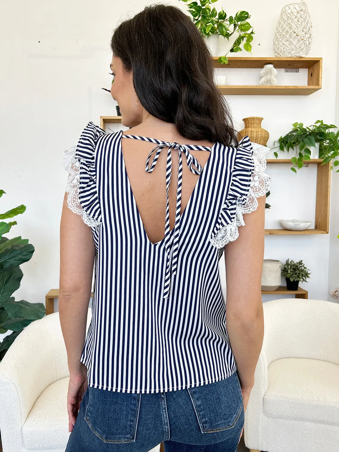 Lace Detail Ruffled Striped V-Neck Cap Sleeve Blouse