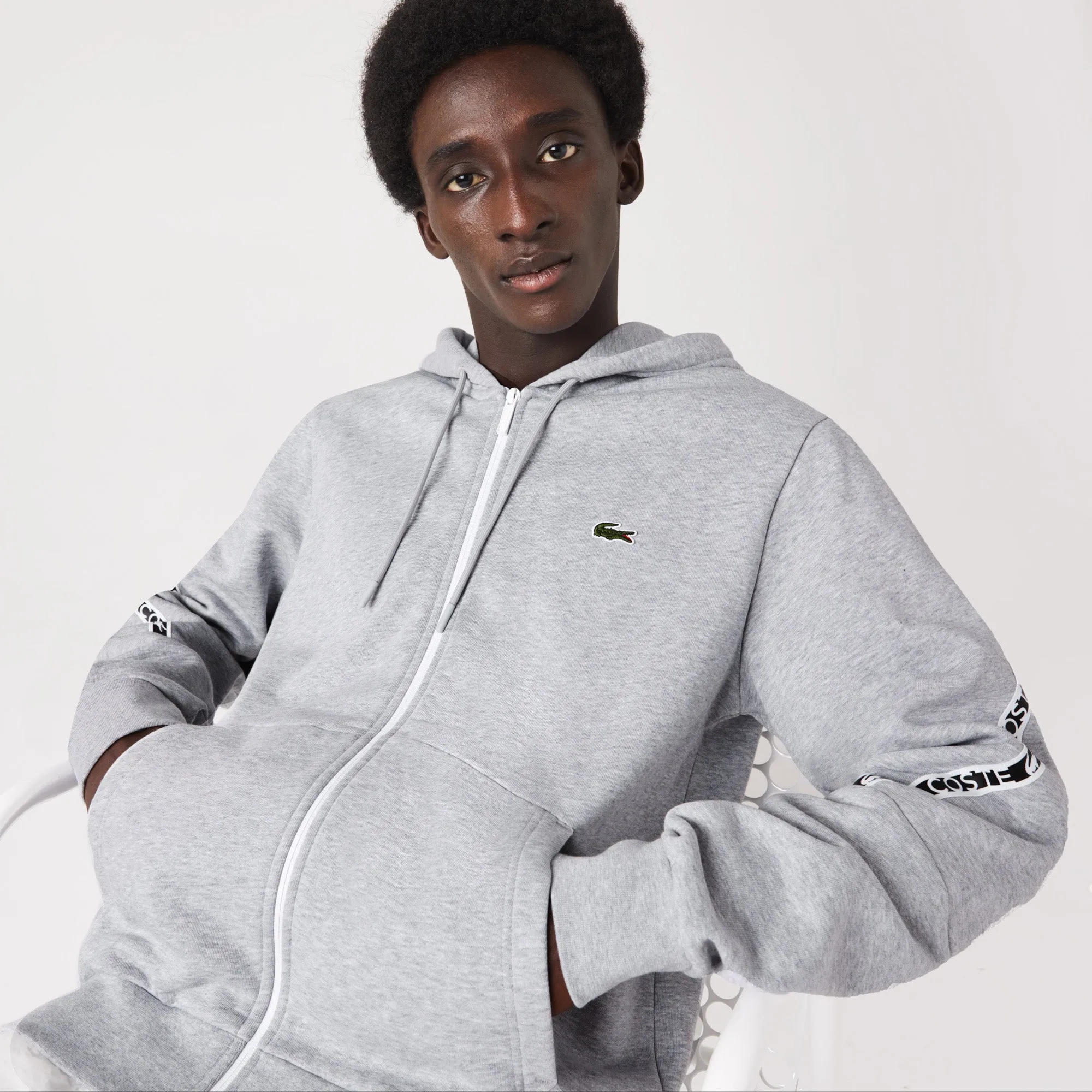 Lacoste SH9885 Taped Zip Hoodie Sweat CCA Grey Chine