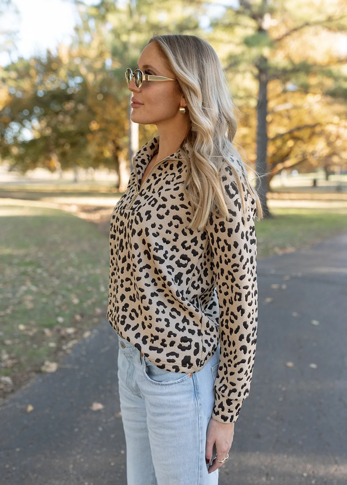 Landon Taupe Leopard Quarter Zip Pullover