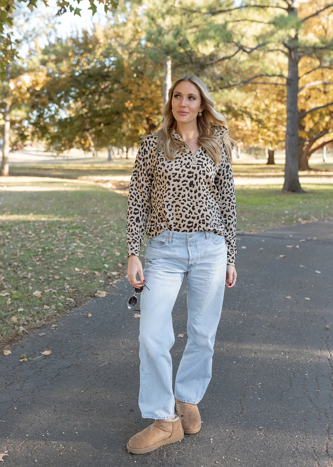 Landon Taupe Leopard Quarter Zip Pullover