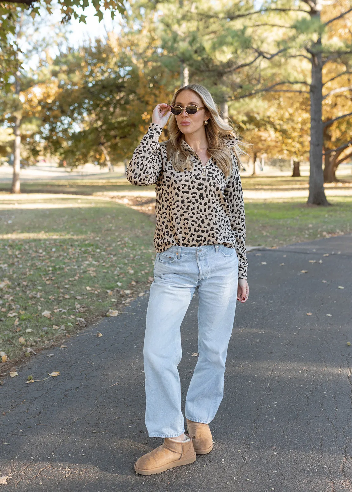 Landon Taupe Leopard Quarter Zip Pullover