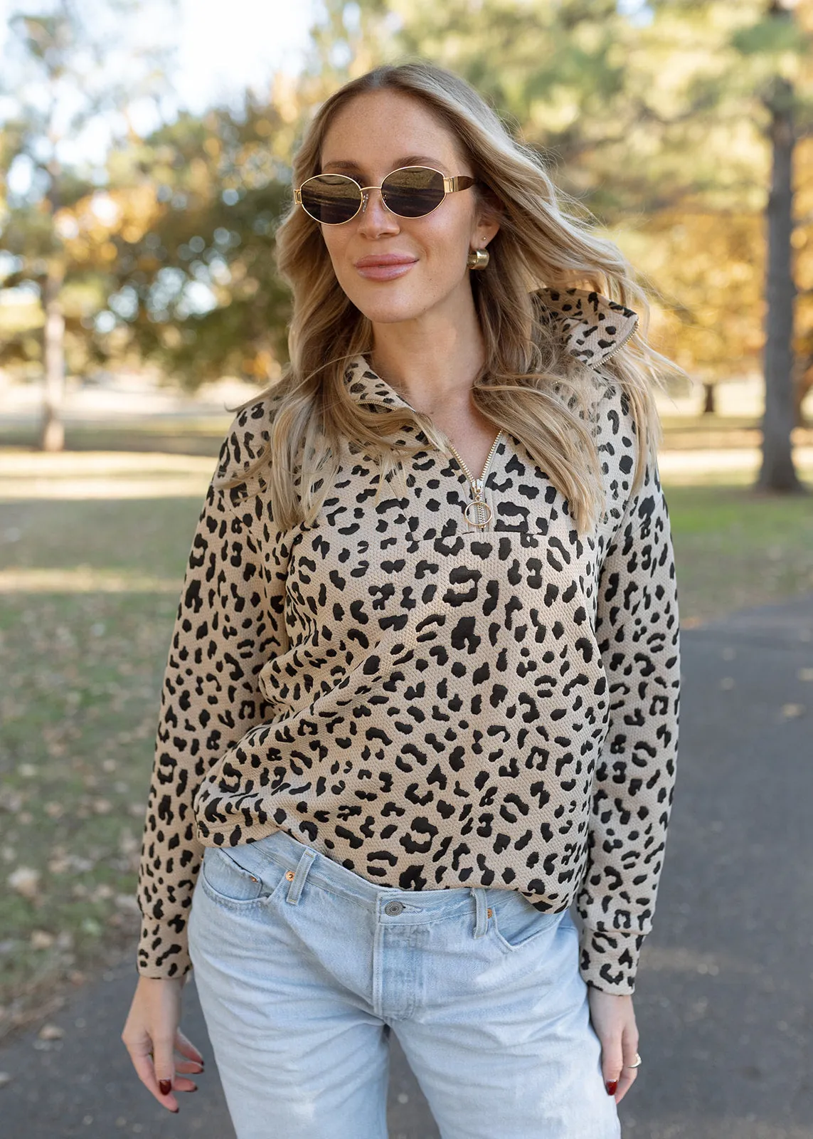 Landon Taupe Leopard Quarter Zip Pullover