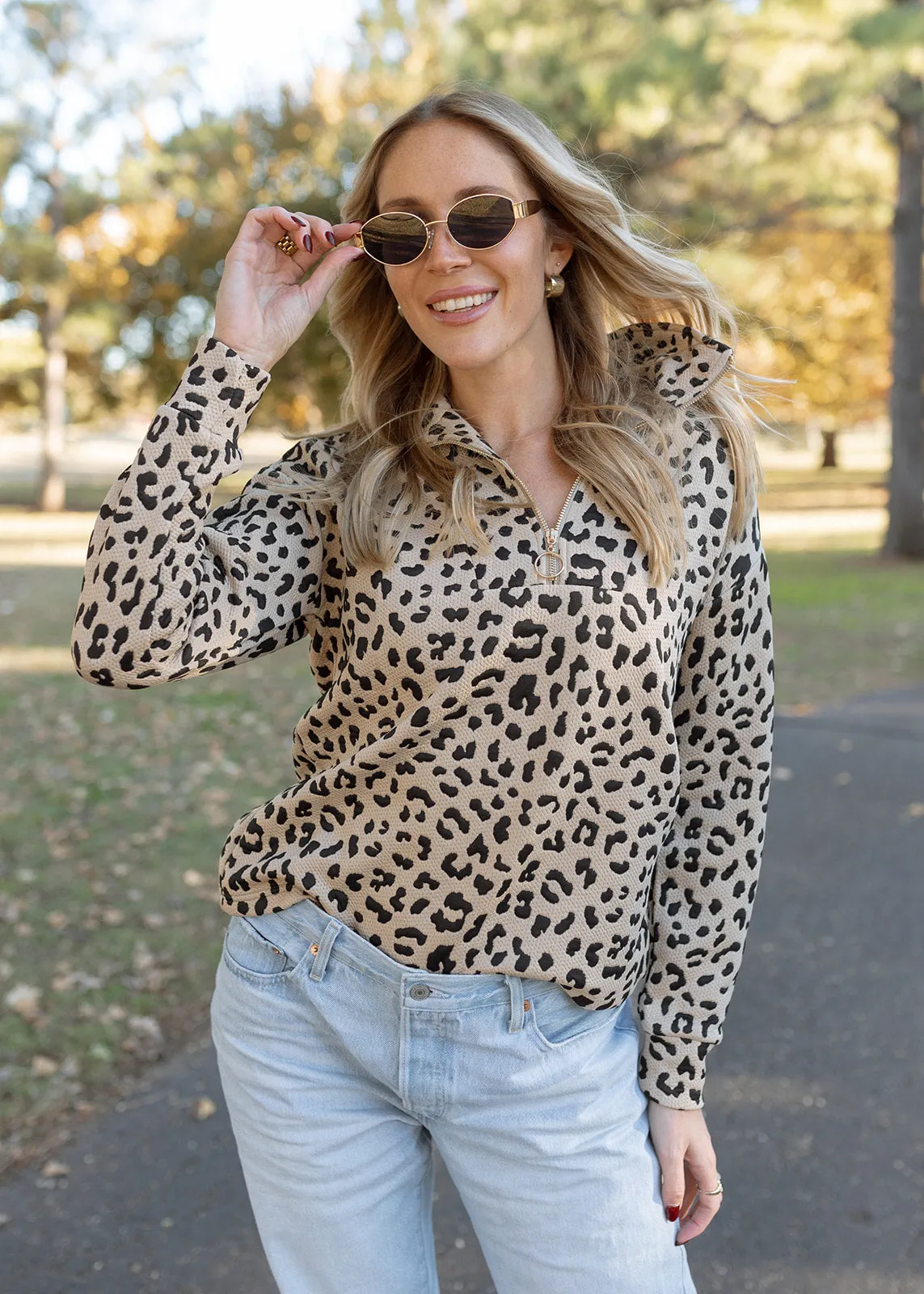 Landon Taupe Leopard Quarter Zip Pullover