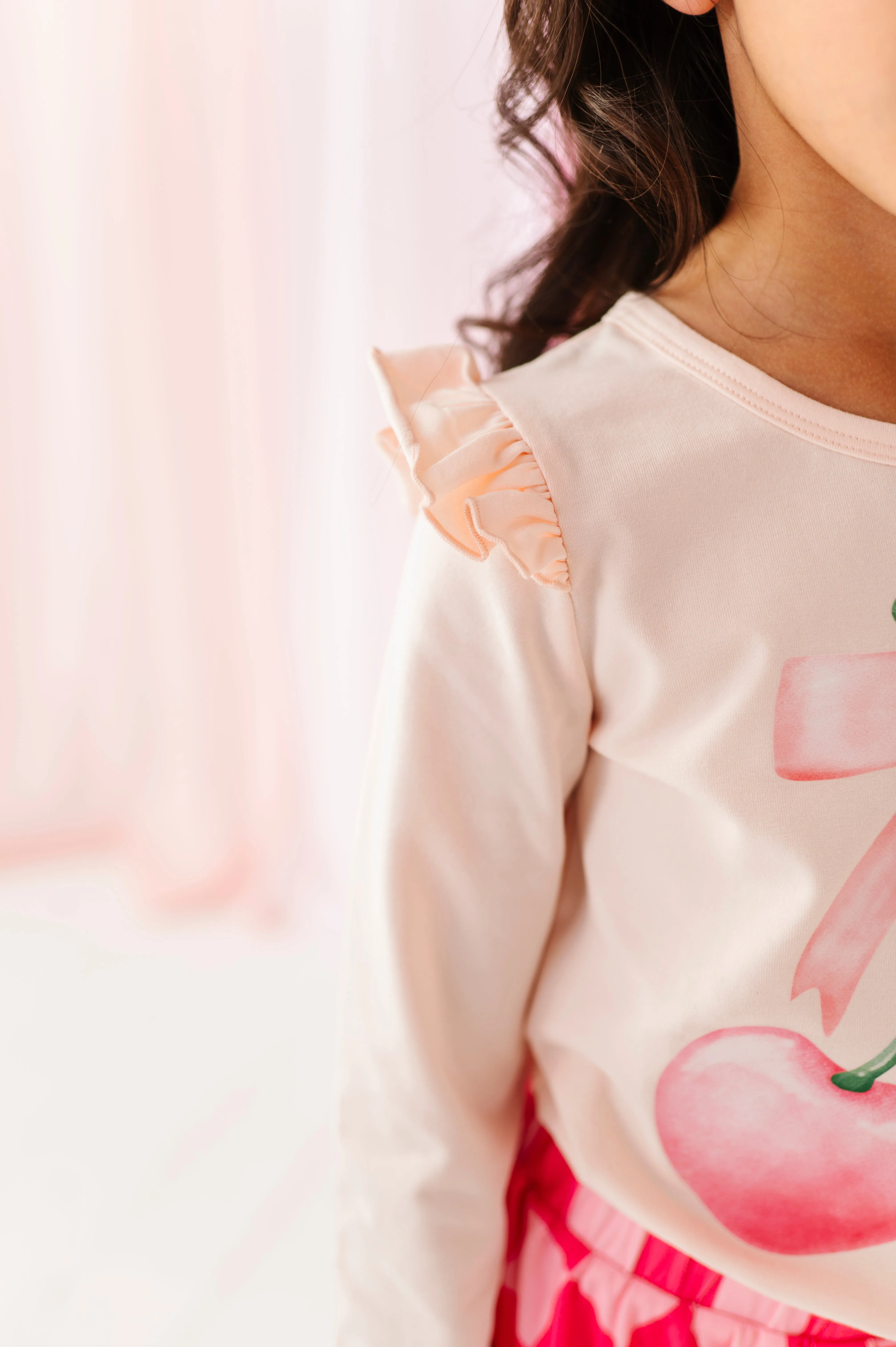 Large Heart Cherries | Pink Ruffle Long Sleeve