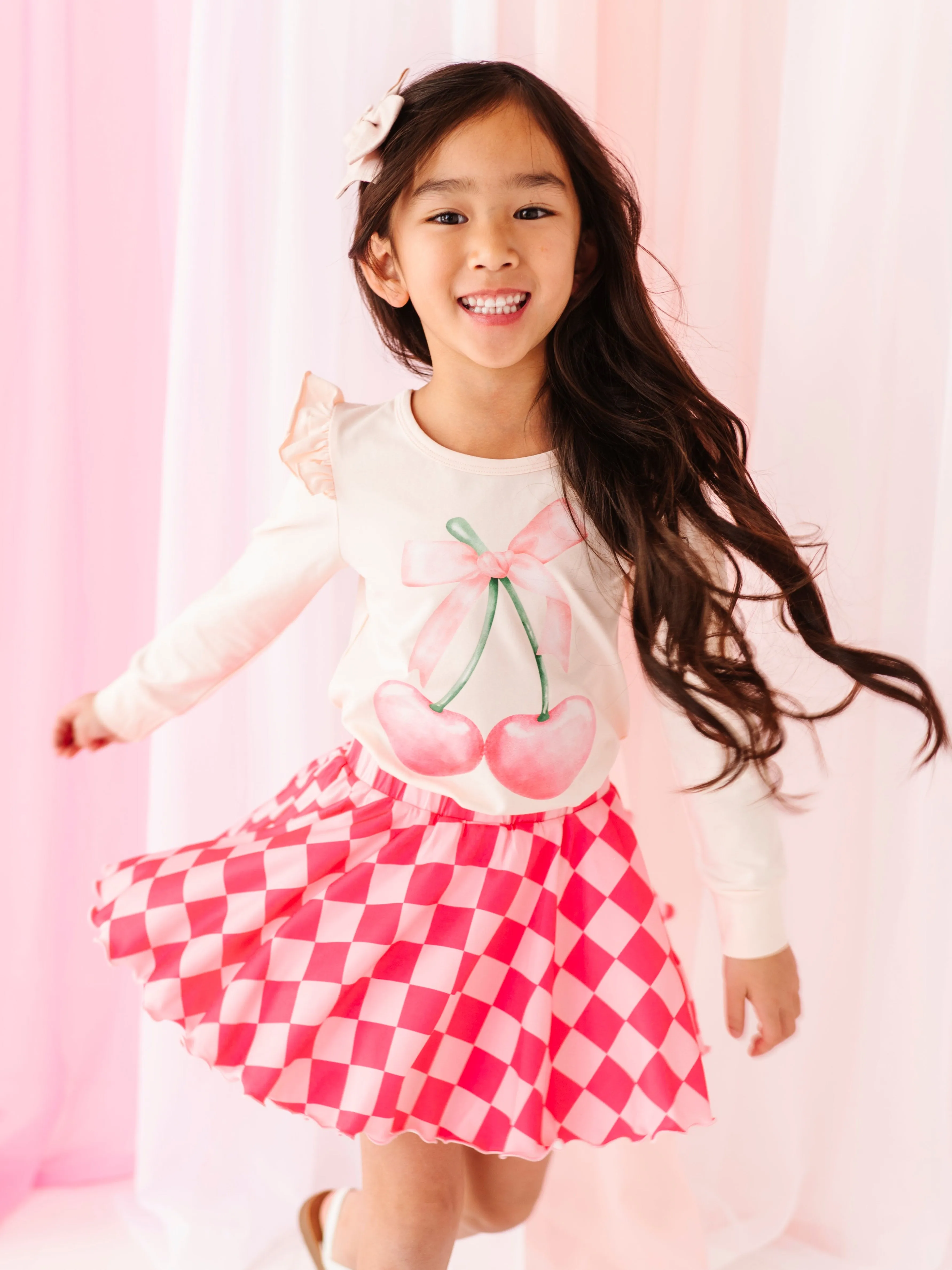Large Heart Cherries | Pink Ruffle Long Sleeve