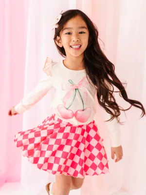 Large Heart Cherries | Pink Ruffle Long Sleeve