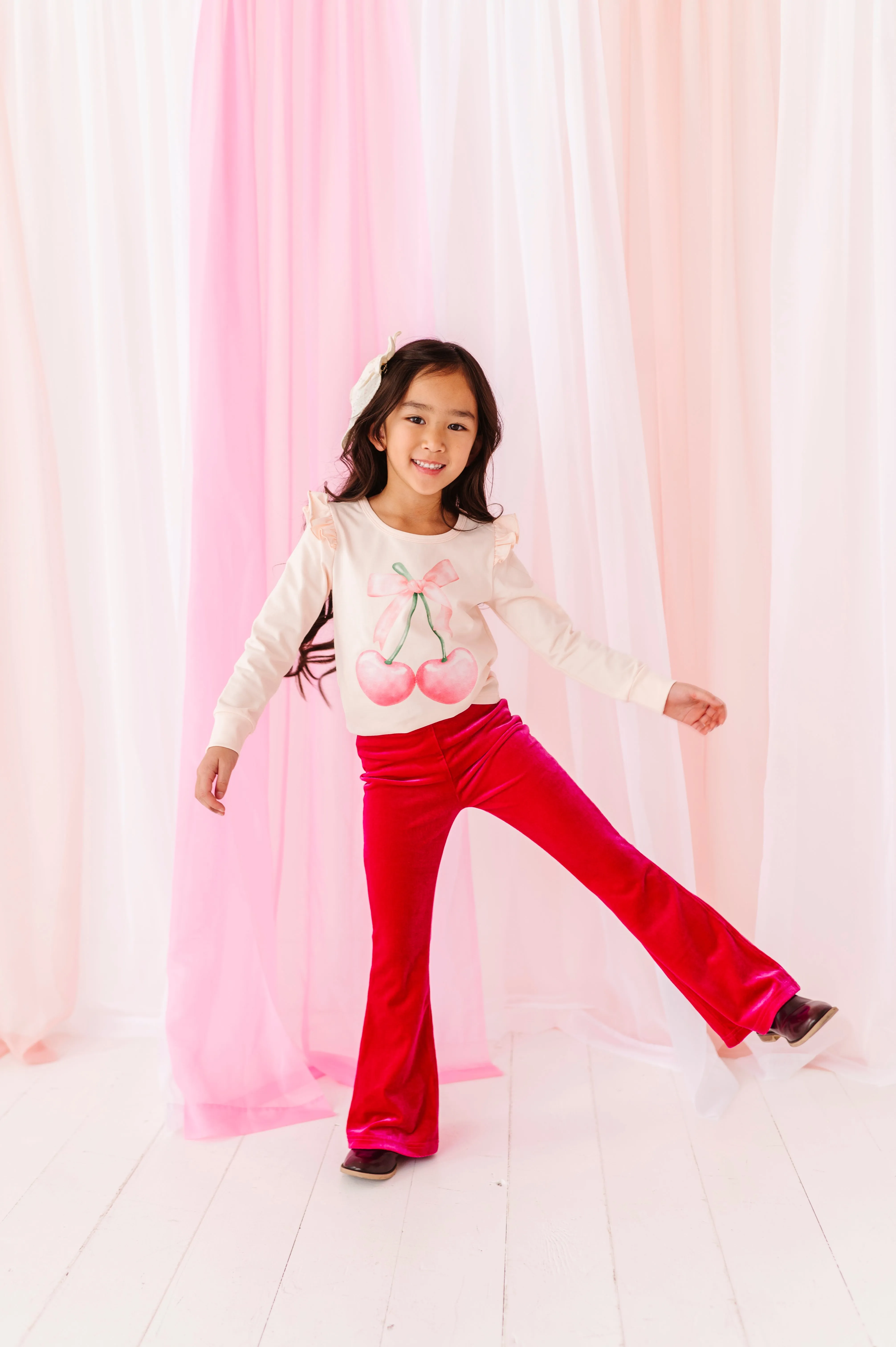 Large Heart Cherries | Pink Ruffle Long Sleeve