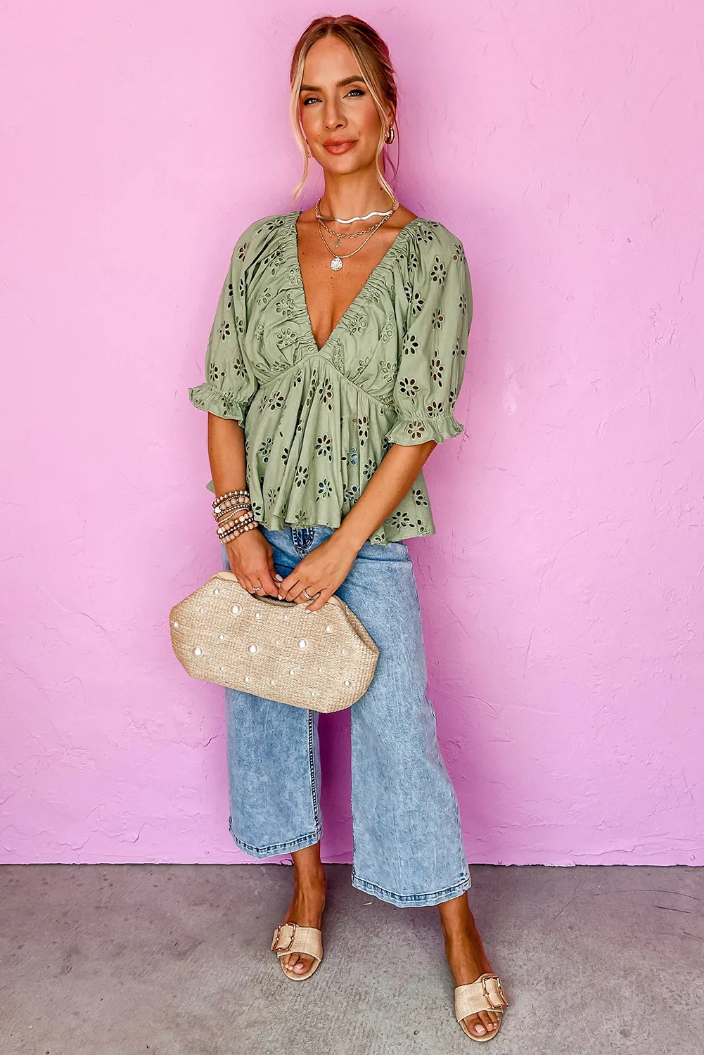 Laurel Green Eyelet Flower V Neck Ruffled Puff Sleeve Peplum Blouse