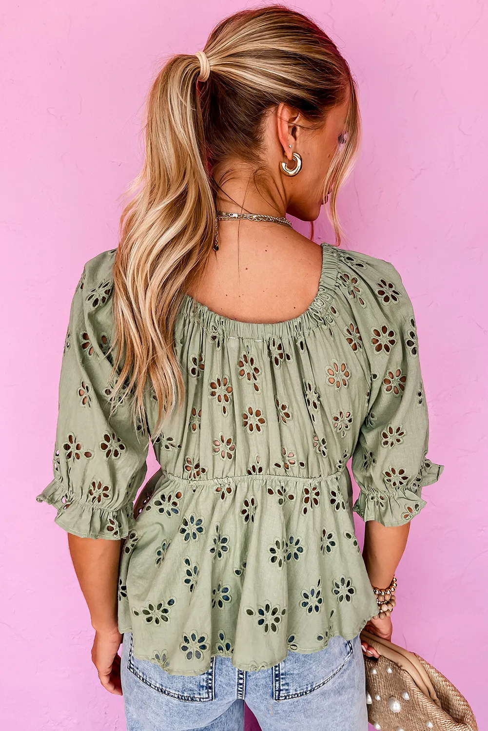 Laurel Green Eyelet Flower V Neck Ruffled Puff Sleeve Peplum Blouse