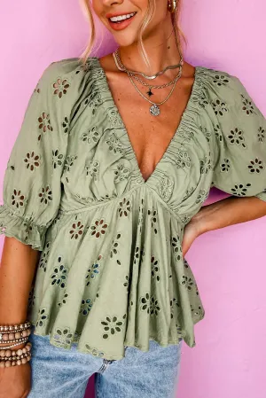 Laurel Green Eyelet Flower V Neck Ruffled Puff Sleeve Peplum Blouse