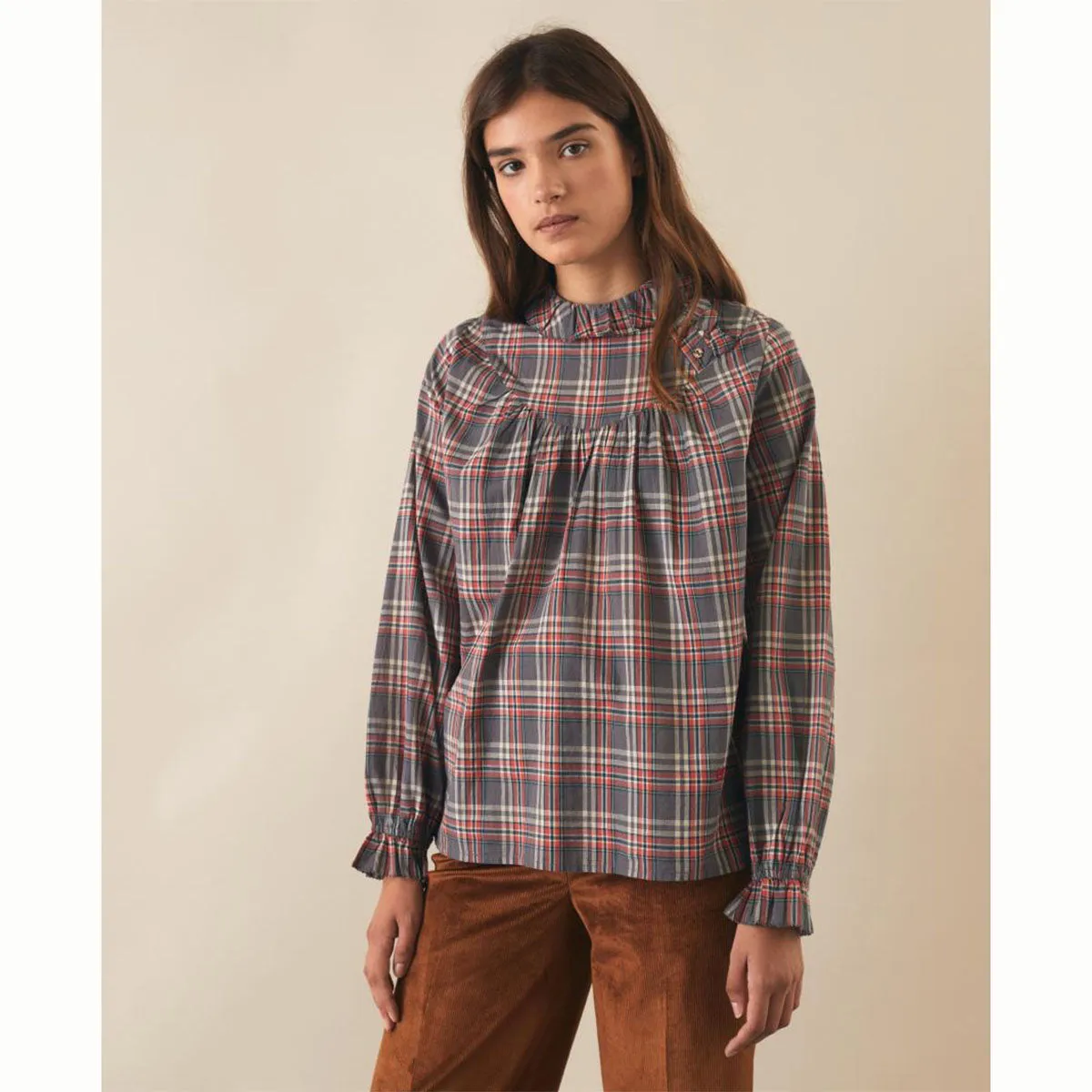 Leon & Harper Cale Check Blouse Grey