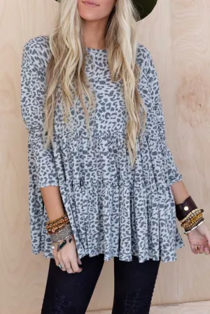 Leopard Animal Print Long Sleeve Babydoll Top