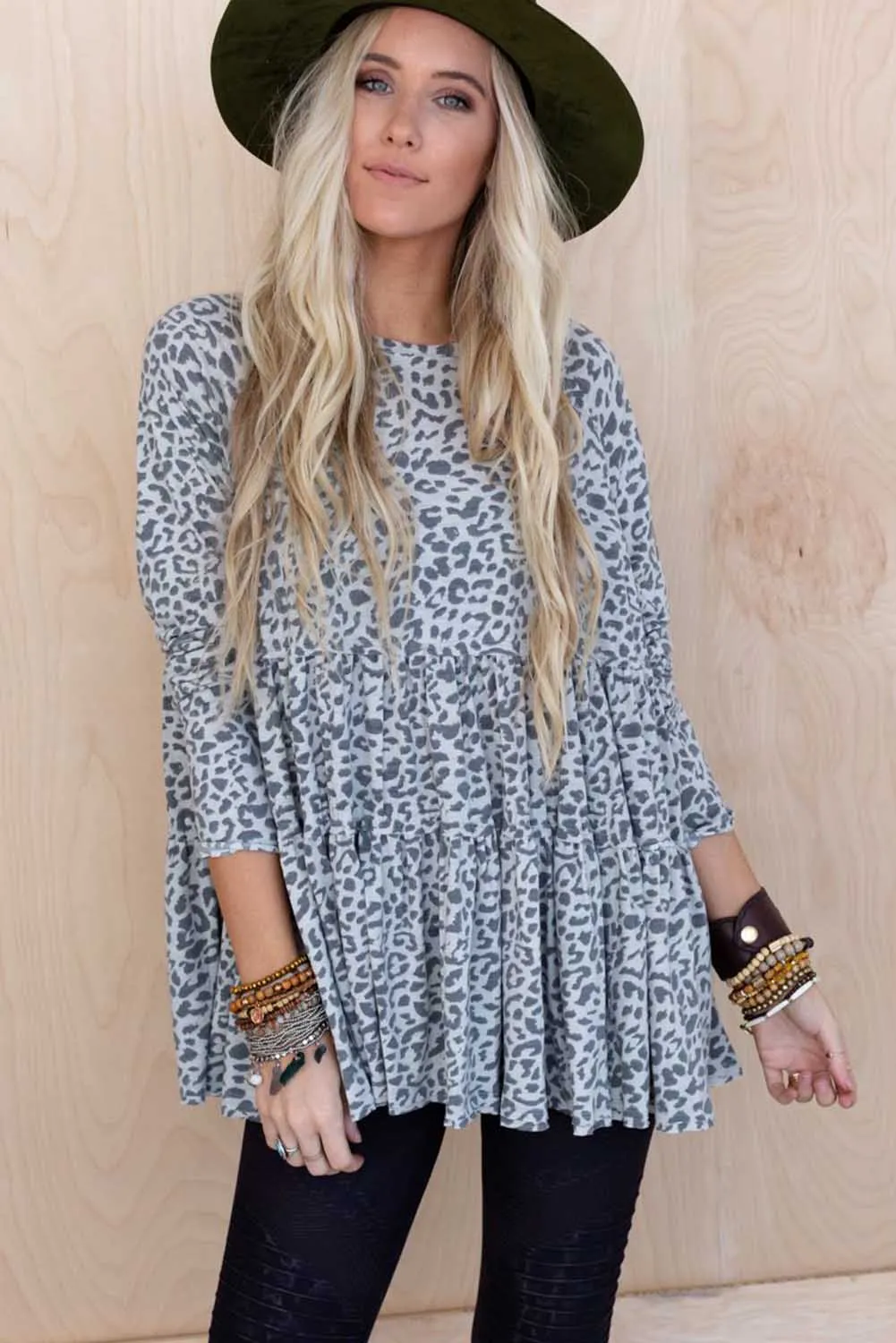 Leopard Animal Print Long Sleeve Babydoll Top