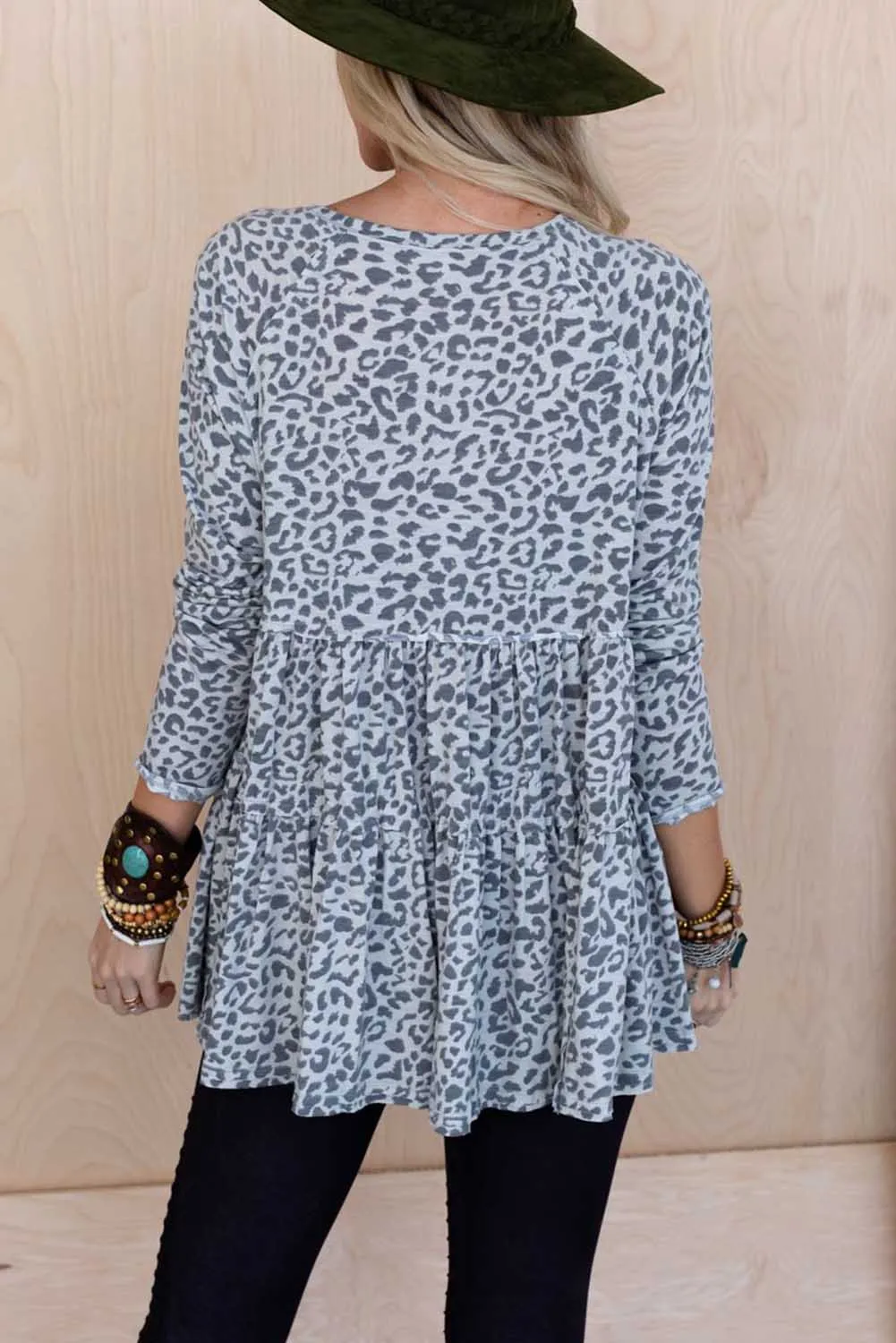 Leopard Animal Print Long Sleeve Babydoll Top