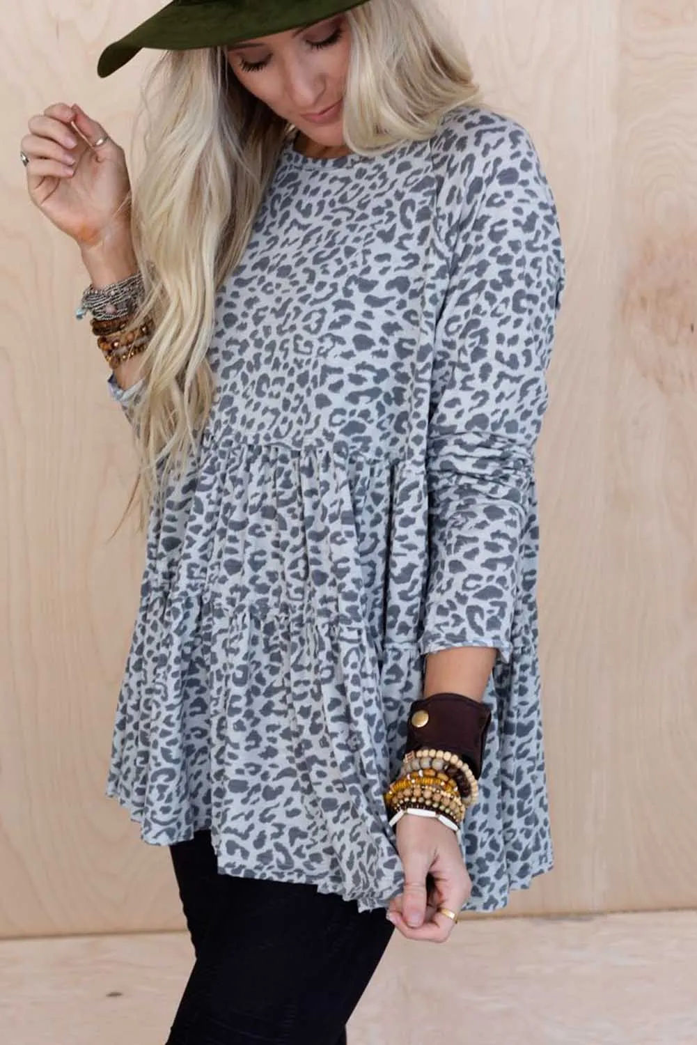 Leopard Animal Print Long Sleeve Babydoll Top