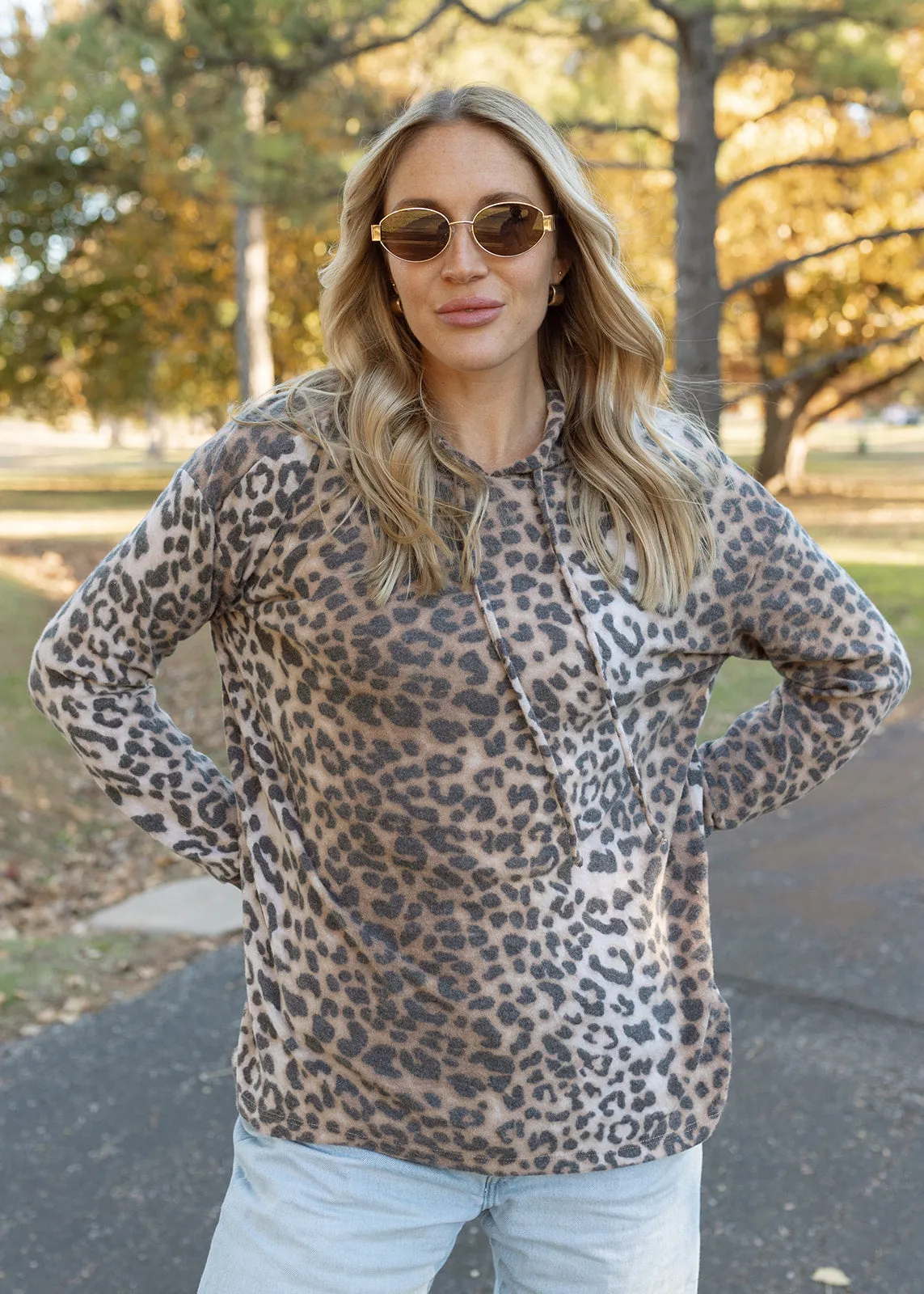 Leopard Fleece Hoodie Top - Tan