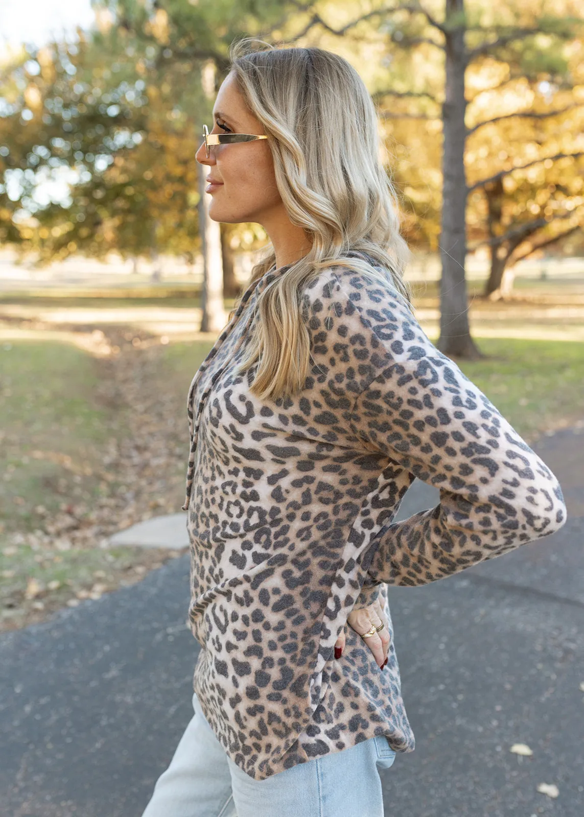 Leopard Fleece Hoodie Top - Tan