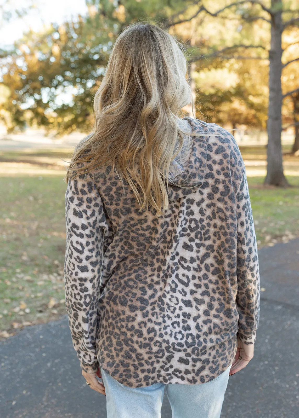 Leopard Fleece Hoodie Top - Tan