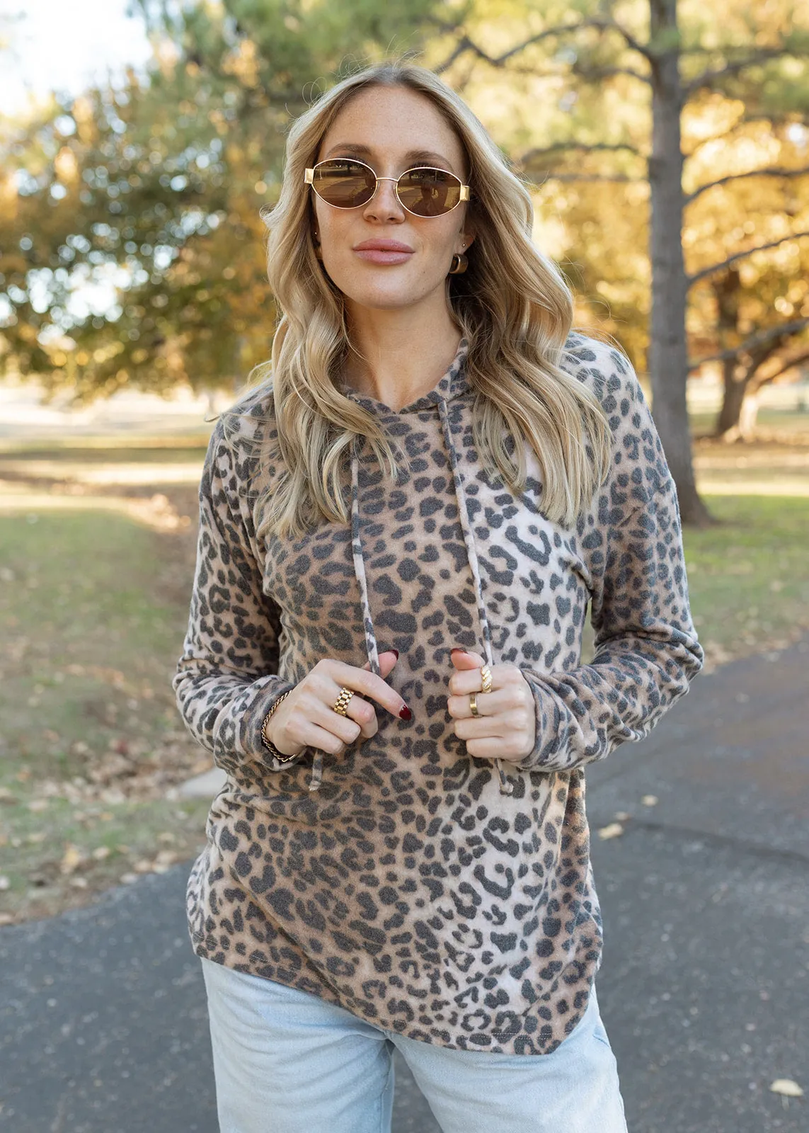 Leopard Fleece Hoodie Top - Tan