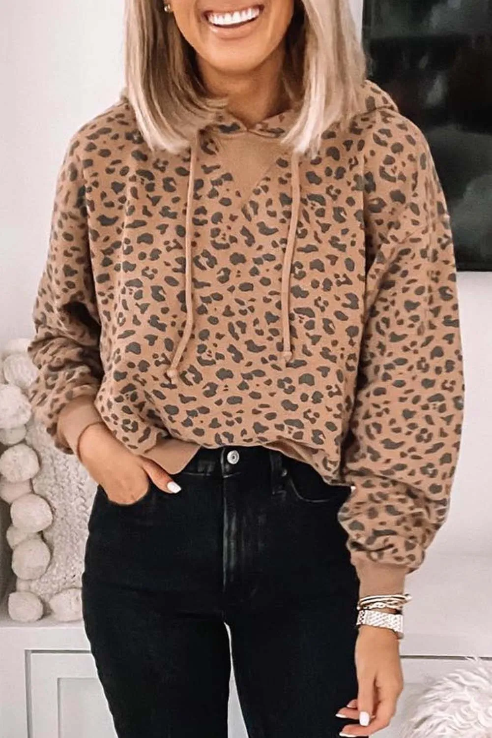 Leopard Long Sleeve Slim Fit Drawstring Hoodie