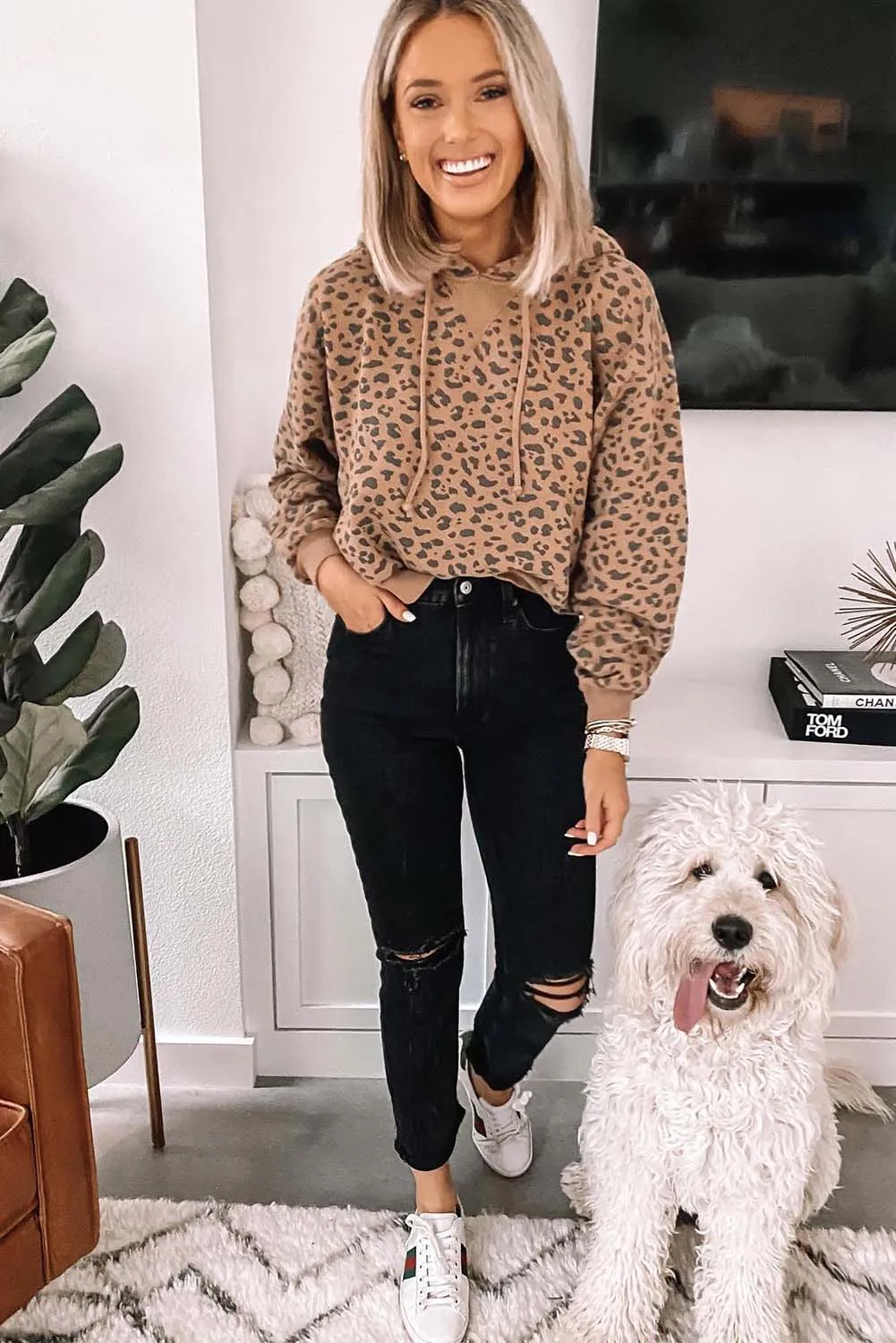 Leopard Long Sleeve Slim Fit Drawstring Hoodie