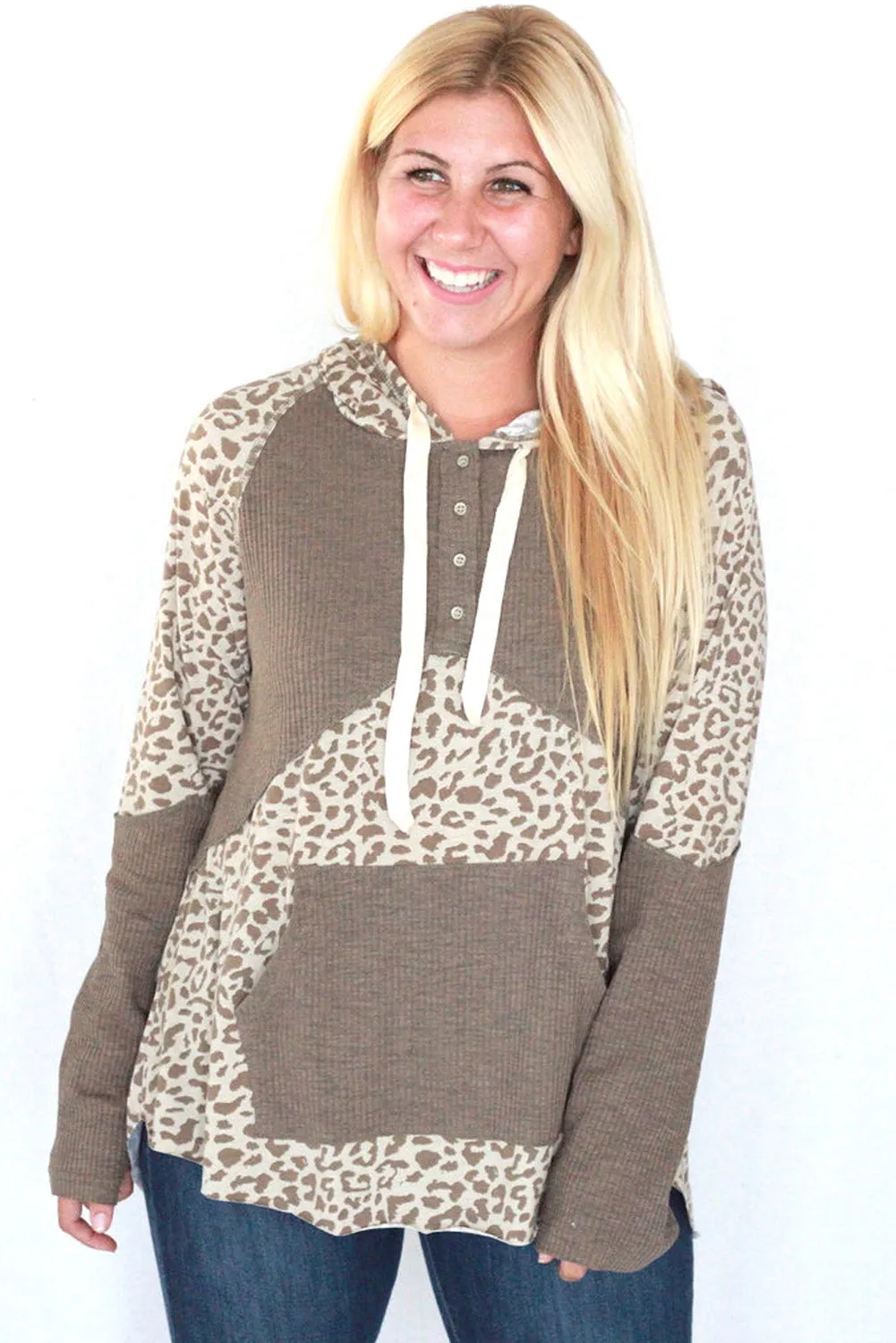 Leopard Print Contrast Ribbed Patchwork Drawstring Hoodie